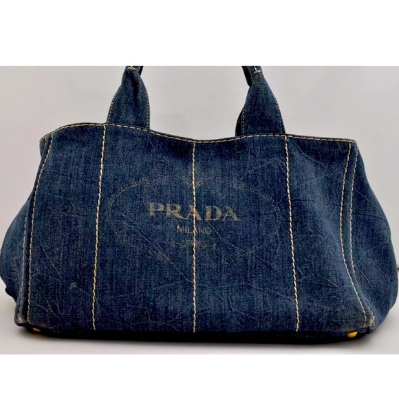 Prada Handbags - Authentic PRADA Canapa Large Canvas Tote Hand Bag Denim Blue